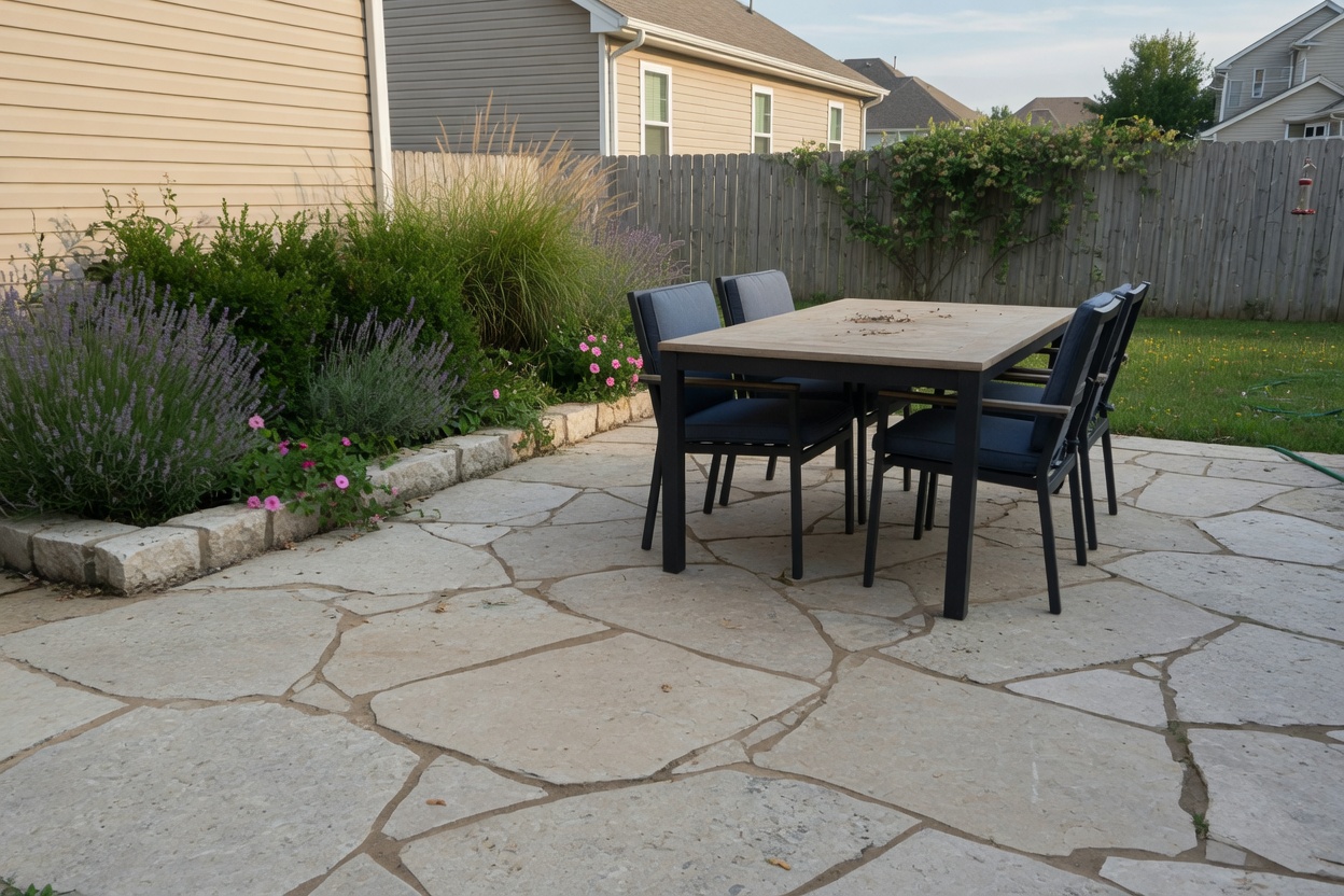 Natural flagstone patio with an outdoor dining table