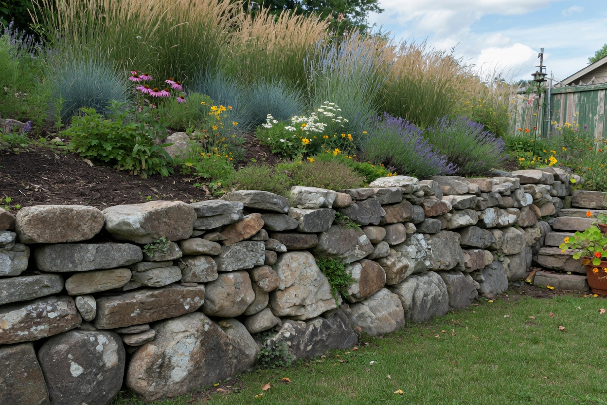 Dry-laid natural stone retaining wall holding a planted bed