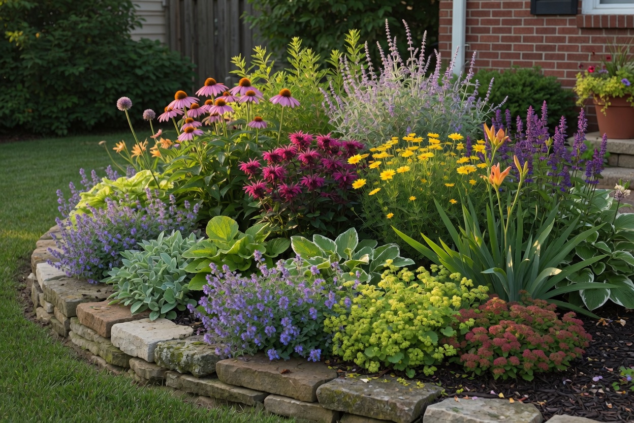 Perennial bed with coneflowers, lavender and hostas edged in stone