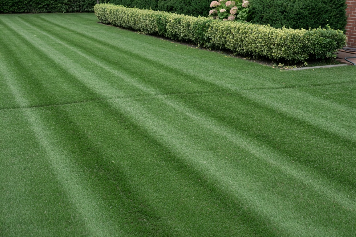 Freshly mown striped lawn beside a clipped hedge