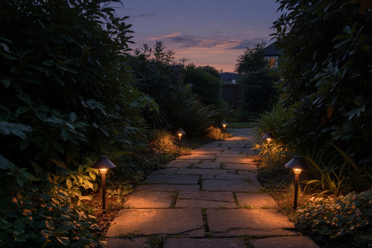 Low-voltage path lights along a stone walkway at dusk