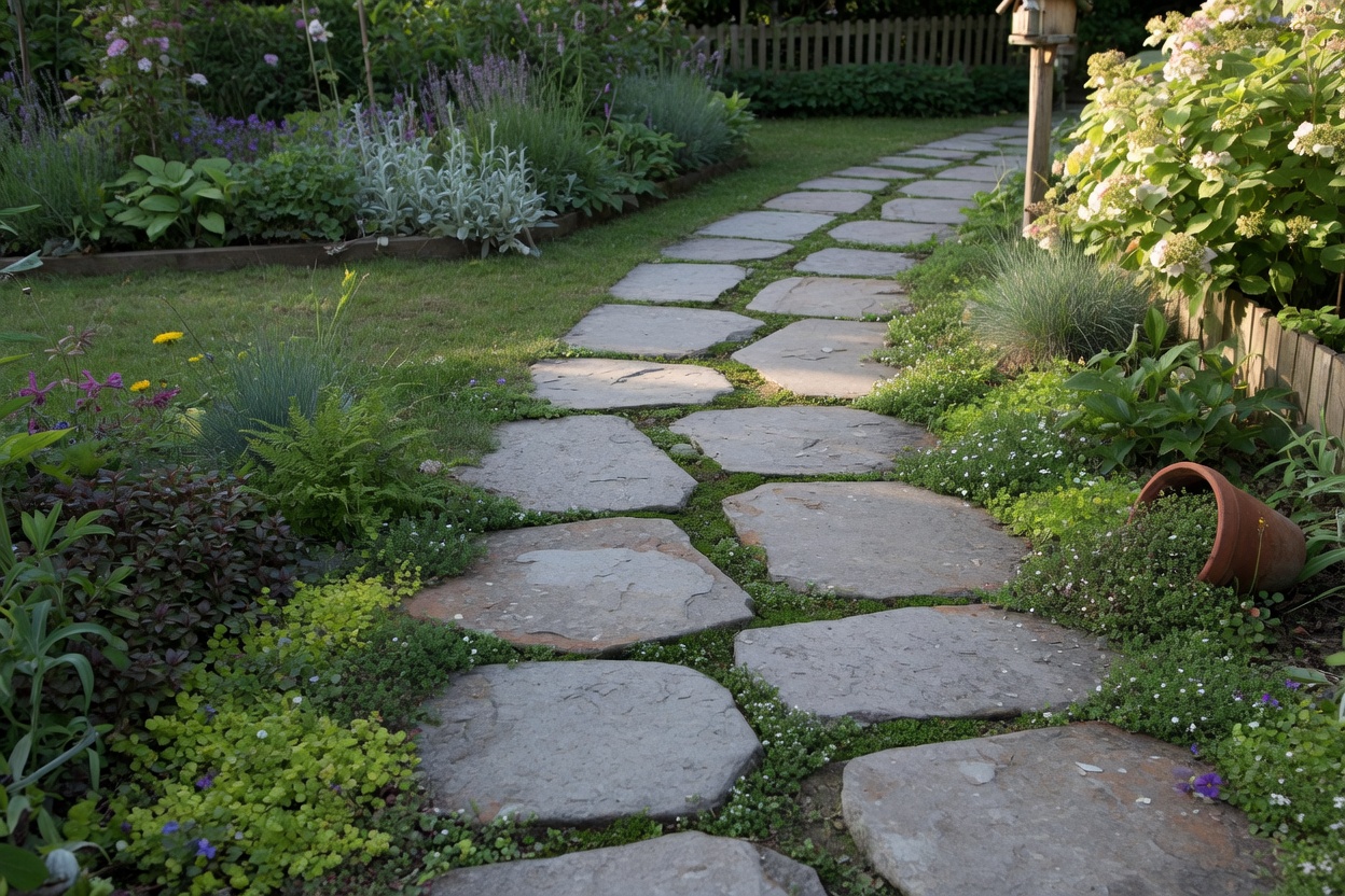 Flagstone stepping-stone path through a shade garden