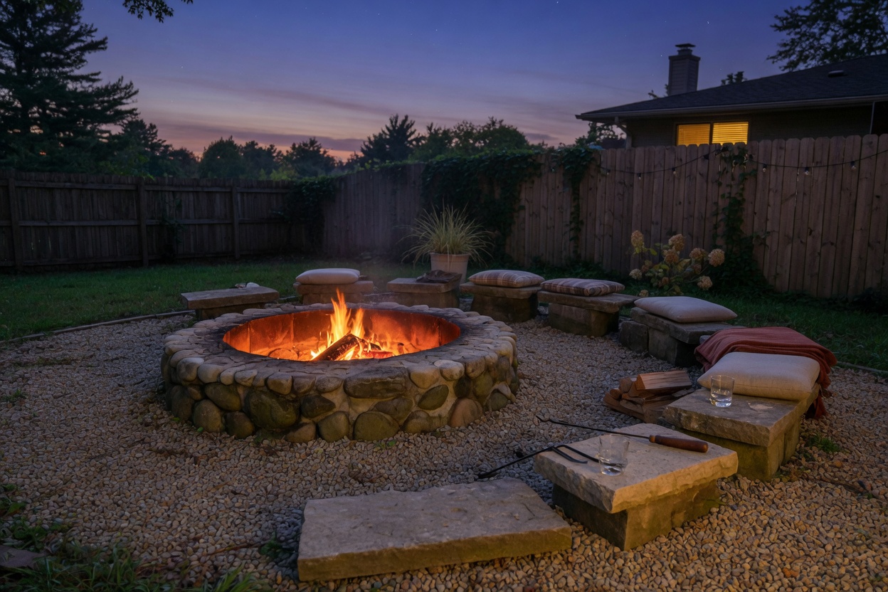 Round stone fire pit with stone seating at twilight
