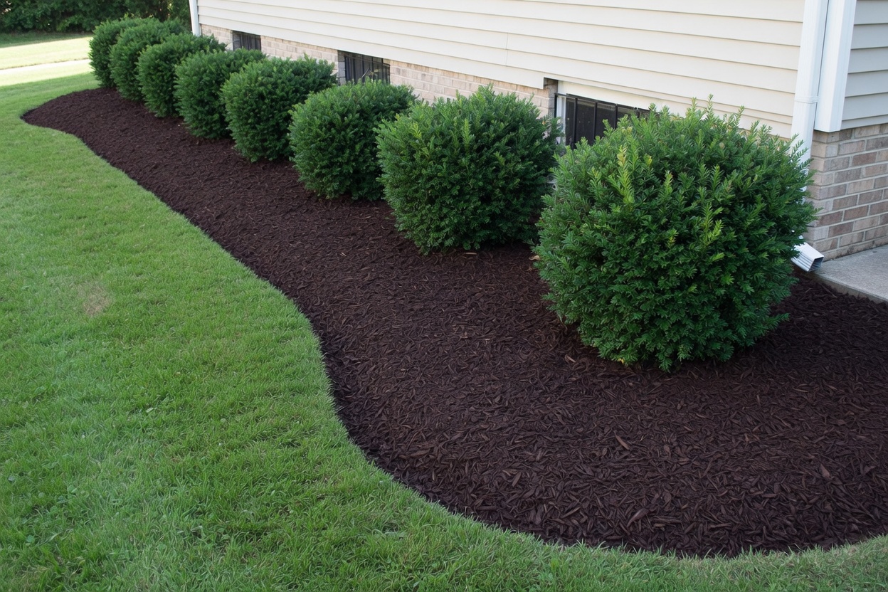 Curved mulched border of rounded shrubs along a house