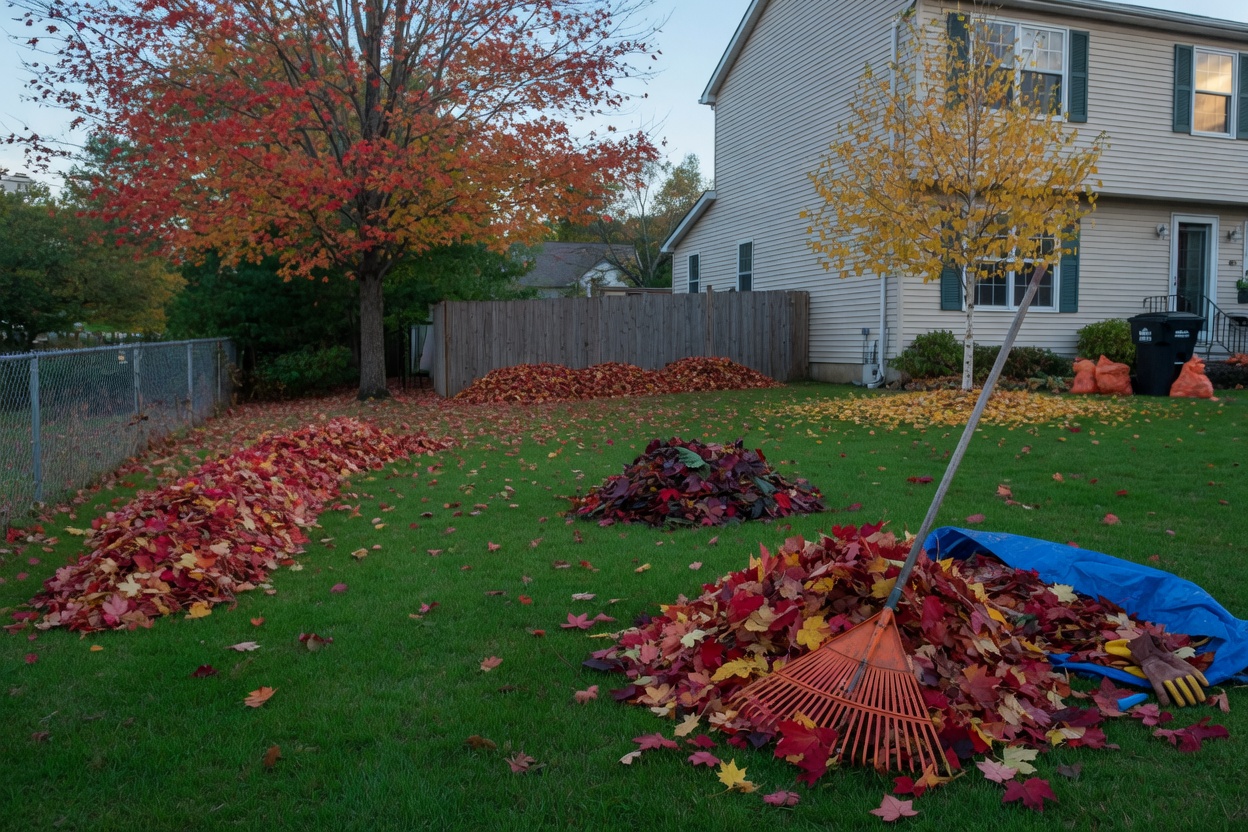 Raked autumn leaves in piles on a lawn with a rake and tarp